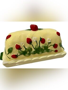 Potters Studio Large Spring Summer Yellow Butter Dish  w/Strawberries New